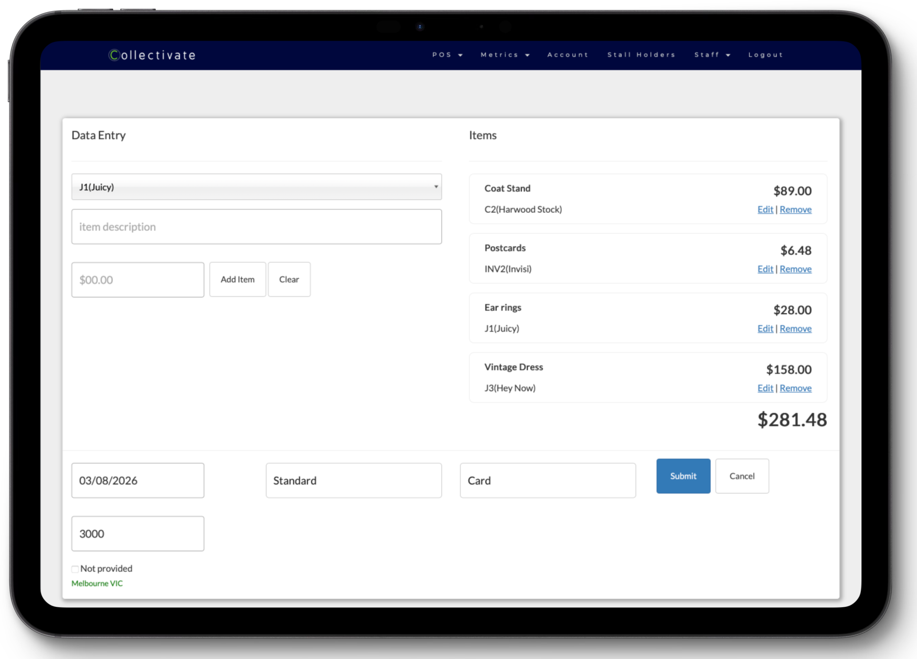 Collectivate POS sales entry interface on iPad